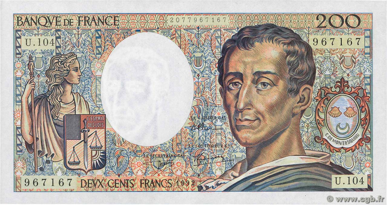 200 Francs MONTESQUIEU FRANCIA  1992 F.70.12a AU