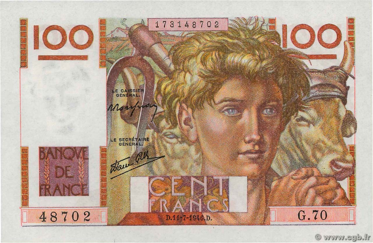 100 Francs JEUNE PAYSAN FRANCIA  1946 F.28.06 SC+