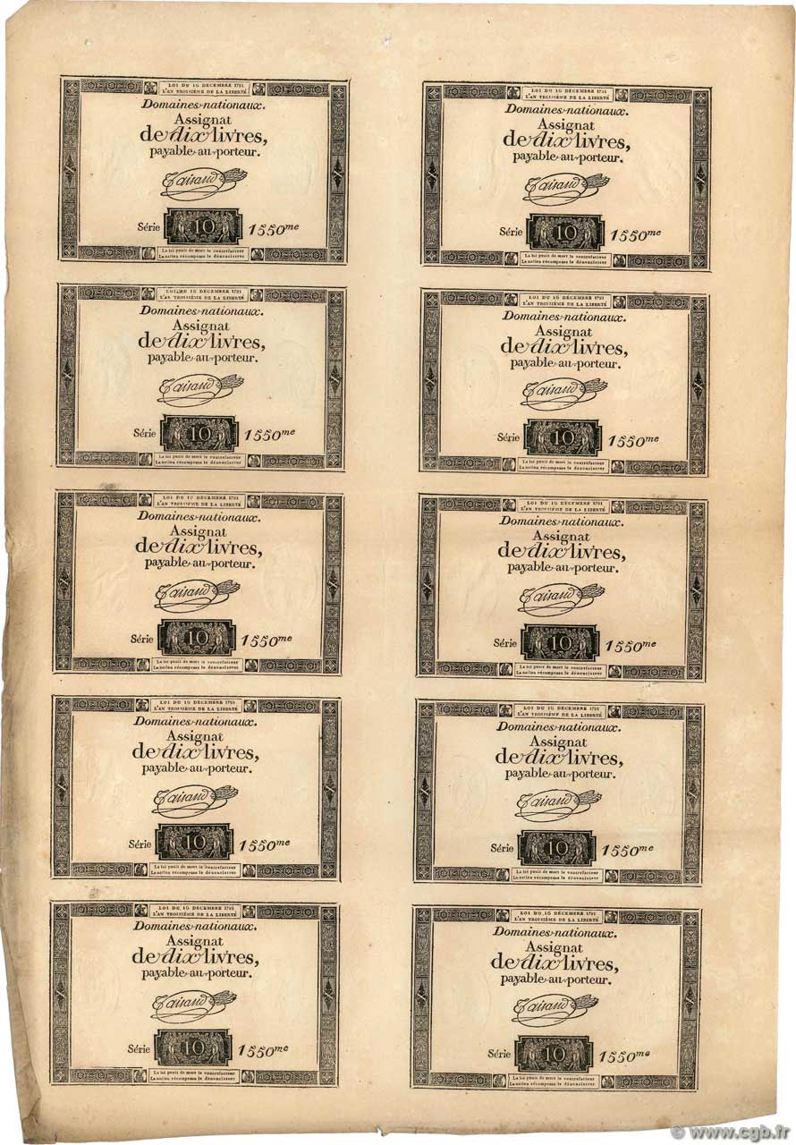 10 Livres Planche FRANCE  1791 Ass.21a VF - XF