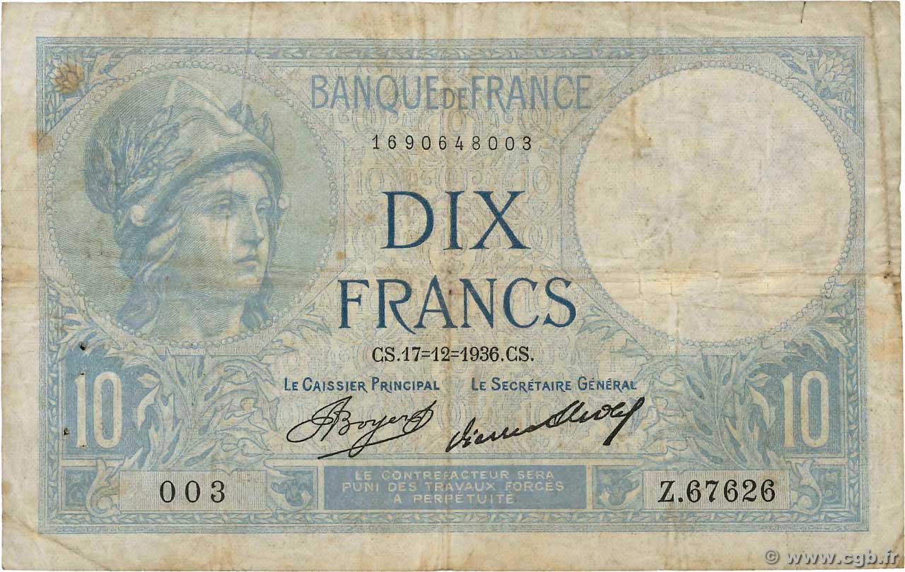10 Francs MINERVE FRANCE  1936 F.06.17 TB