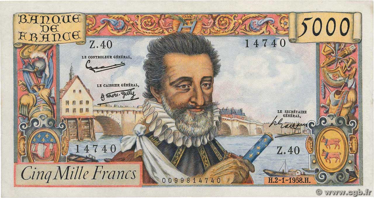 5000 Francs HENRI IV FRANCE  1958 F.49.05 SUP+