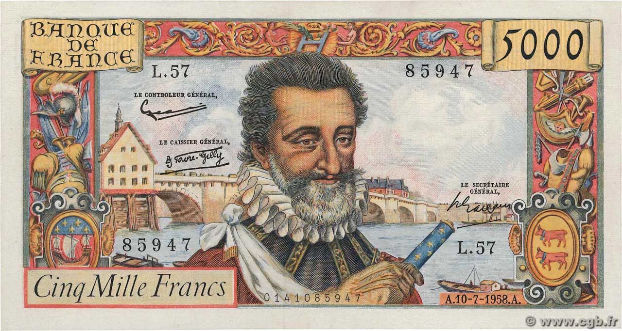 5000 Francs HENRI IV FRANCE  1958 F.49.07 SUP