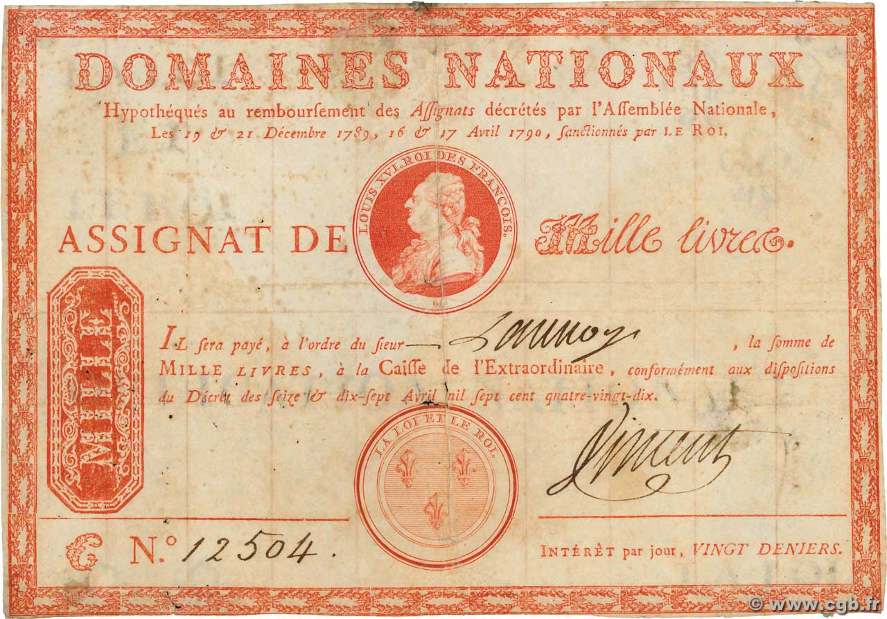 1000 Livres sans coupons FRANCE  1790 Ass.03b TB