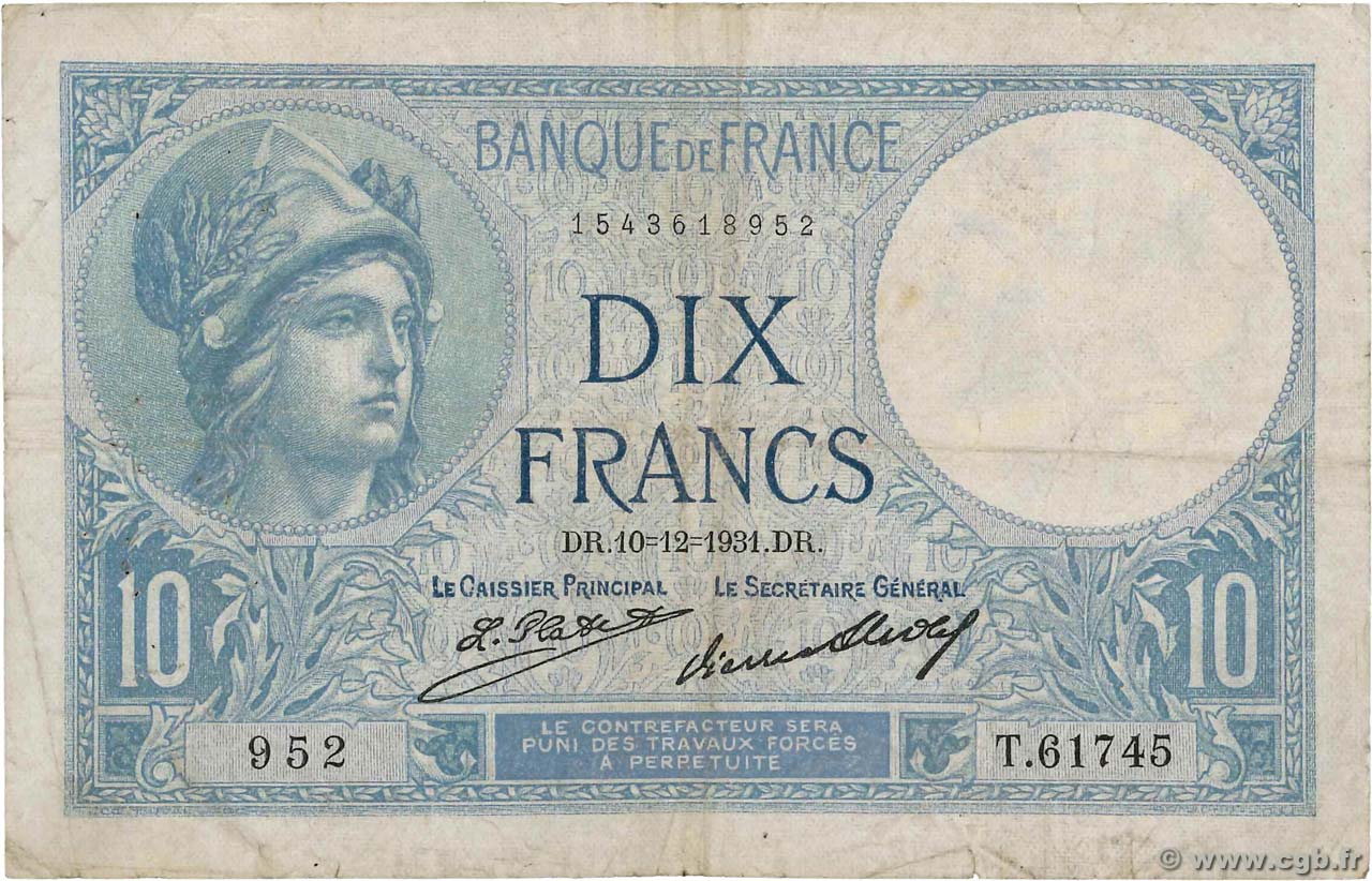 10 Francs MINERVE FRANCE  1931 F.06.15 TB