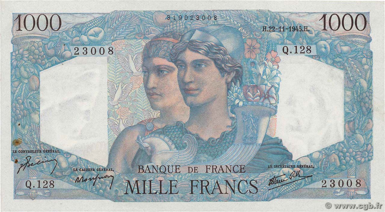 1000 Francs MINERVE ET HERCULE FRANCE  1945 F.41.08 pr.SUP