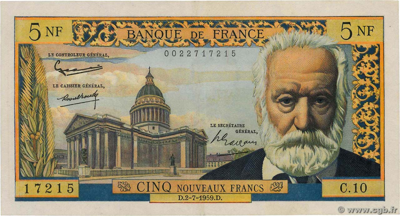 5 Nouveaux Francs VICTOR HUGO FRANCIA  1959 F.56.02 q.SPL