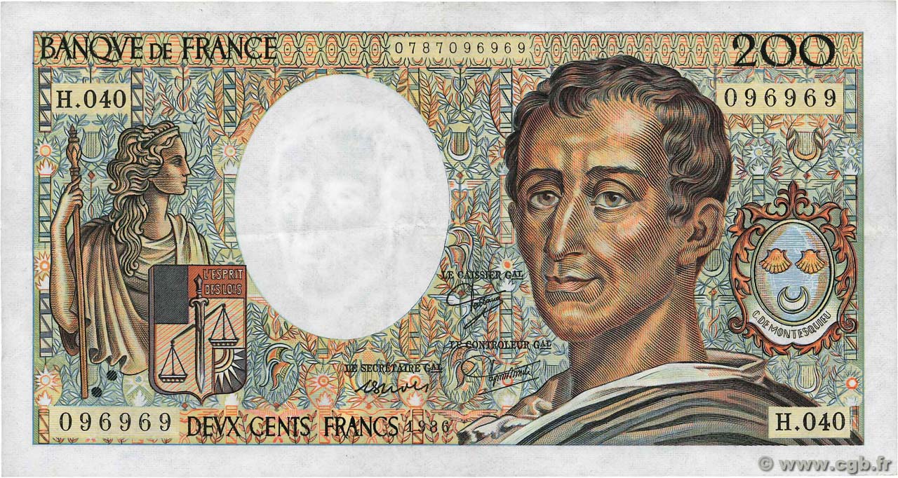 200 Francs MONTESQUIEU Numéro spécial FRANCE  1986 F.70.06 VF