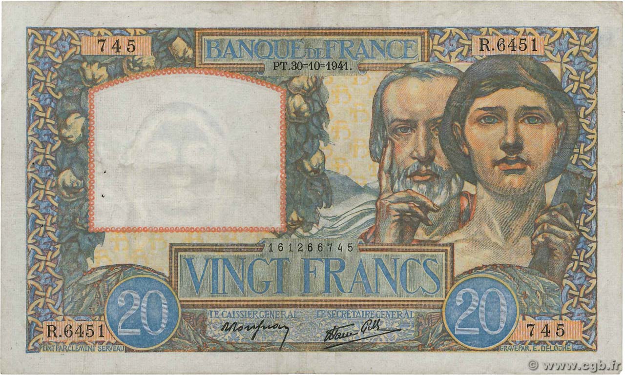 20 Francs TRAVAIL ET SCIENCE FRANCE  1941 F.12.19 VF
