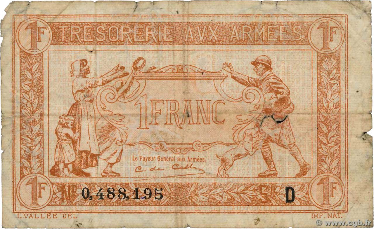1 Franc TRÉSORERIE AUX ARMÉES 1917 FRANCIA  1917 VF.03.04 B