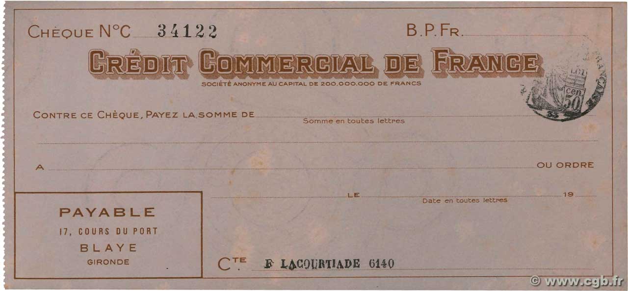 Francs FRANCE régionalisme et divers Blaye 1933 DOC.Chèque SUP