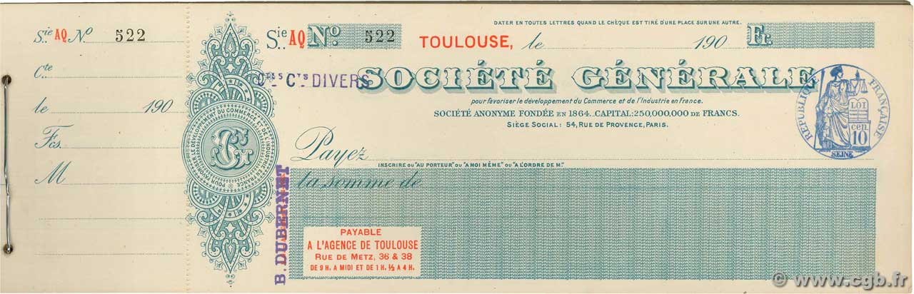 Francs FRANCE régionalisme et divers Toulouse 1900 DOC.Chèque SUP