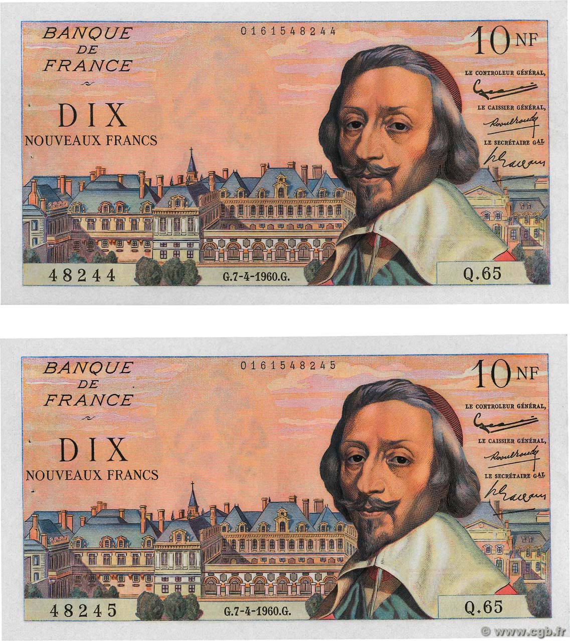10 Nouveaux Francs RICHELIEU Consécutifs FRANCE  1960 F.57.06 AU-
