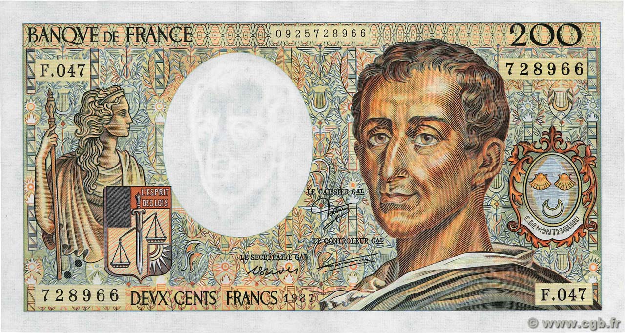200 Francs MONTESQUIEU FRANCIA  1987 F.70.07 SC+