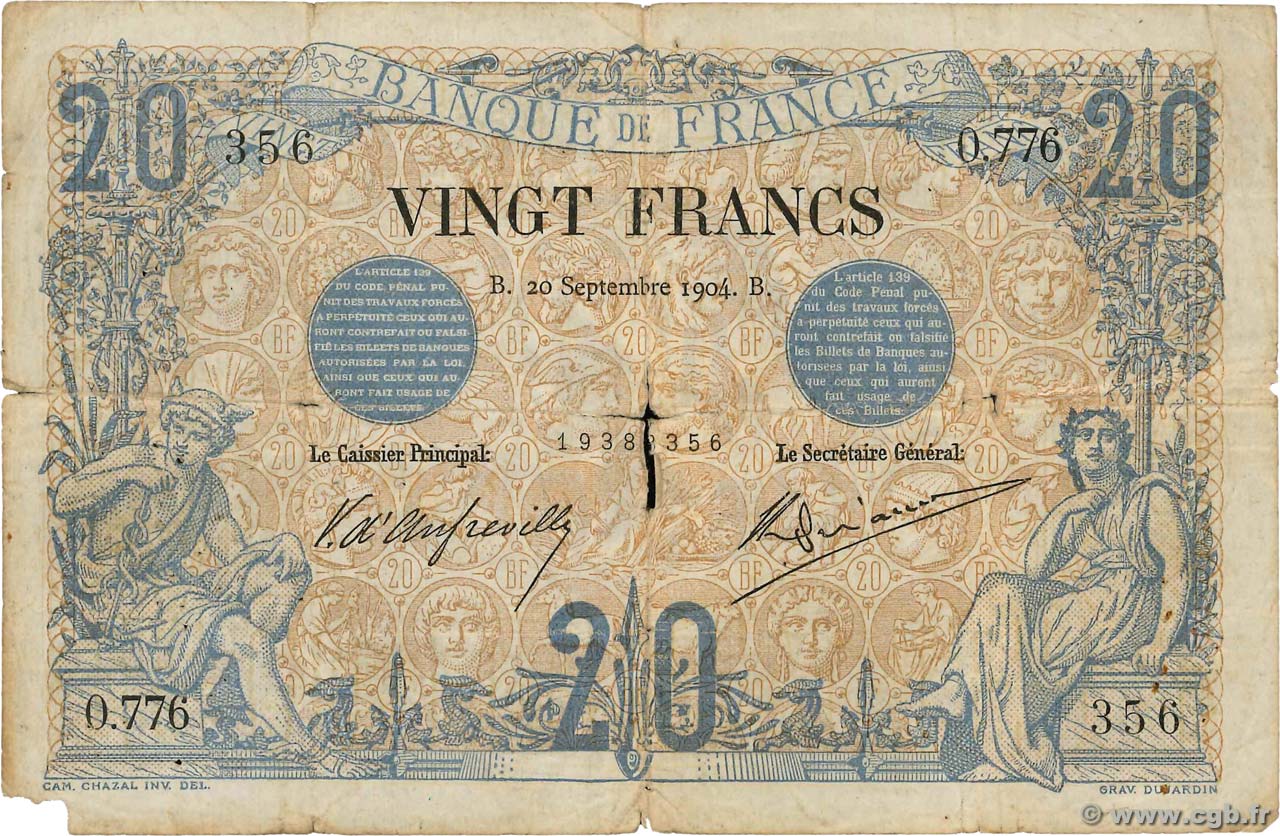 20 Francs NOIR FRANKREICH  1904 F.09.03 fSGE