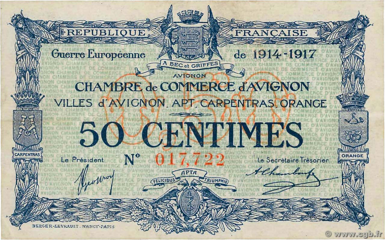 50 Centimes FRANCE regionalismo y varios Avignon 1915 JP.018.13 MBC