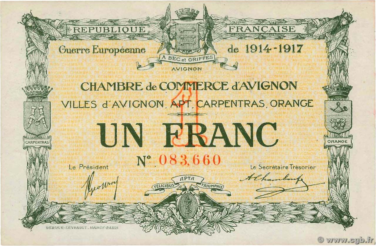 1 Franc FRANCE regionalismo e varie Avignon 1915 JP.018.17 BB