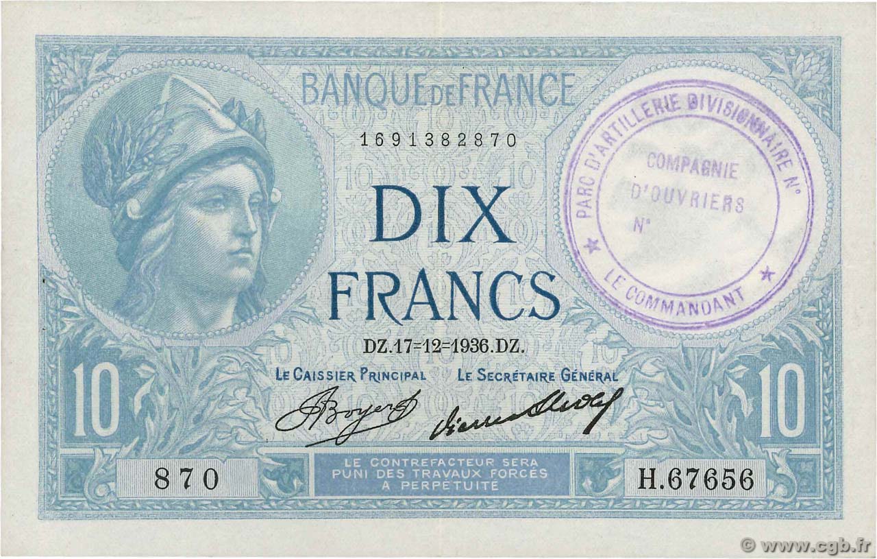10 Francs MINERVE FRANCIA  1936 F.06.17 EBC