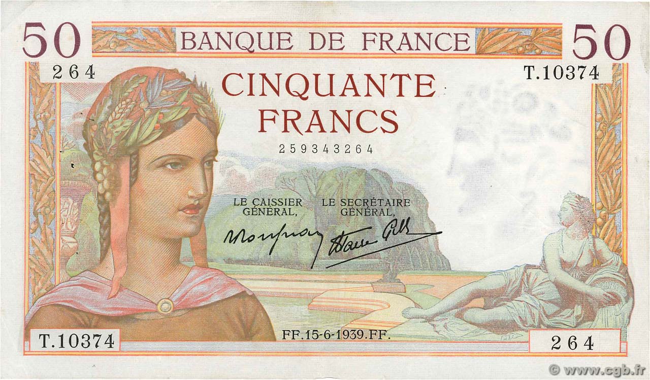 50 Francs CÉRÈS modifié FRANCIA  1939 F.18.26 MBC
