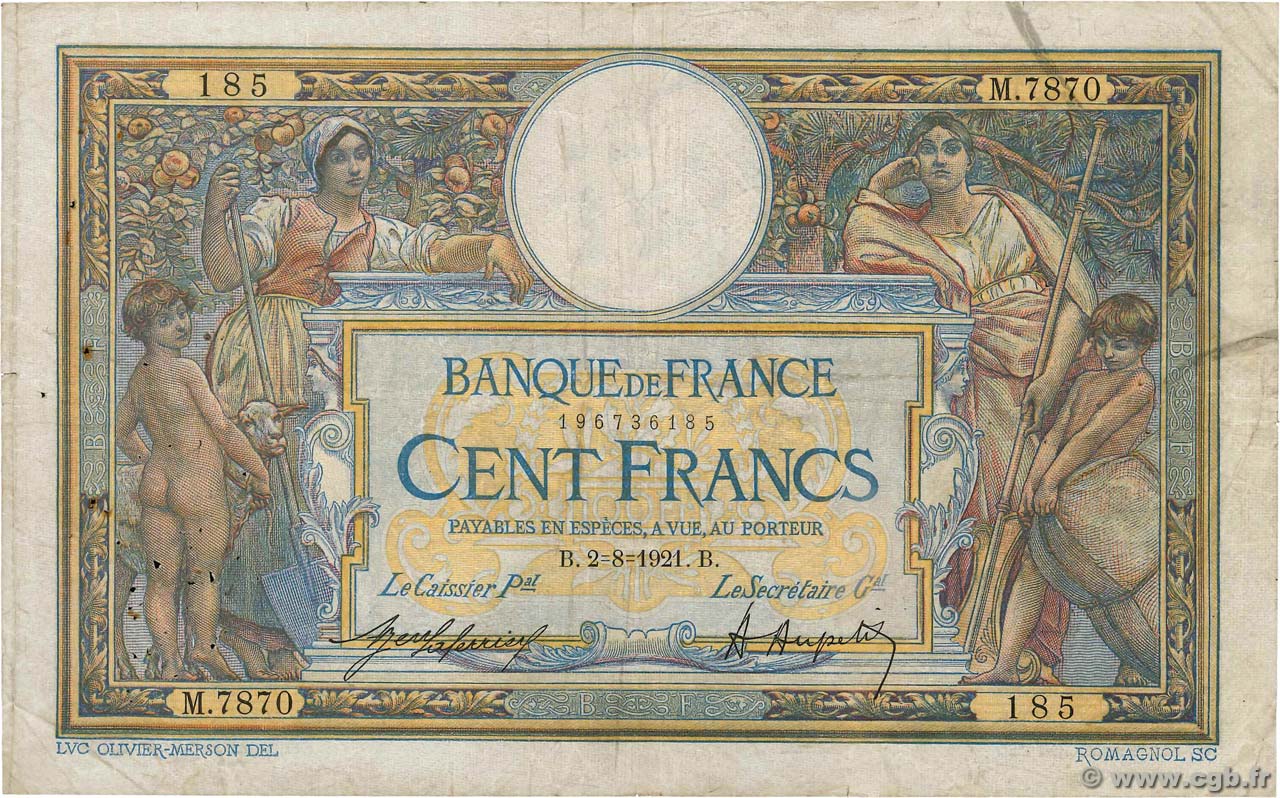 100 Francs LUC OLIVIER MERSON sans LOM FRANCE  1921 F.23.14 B+