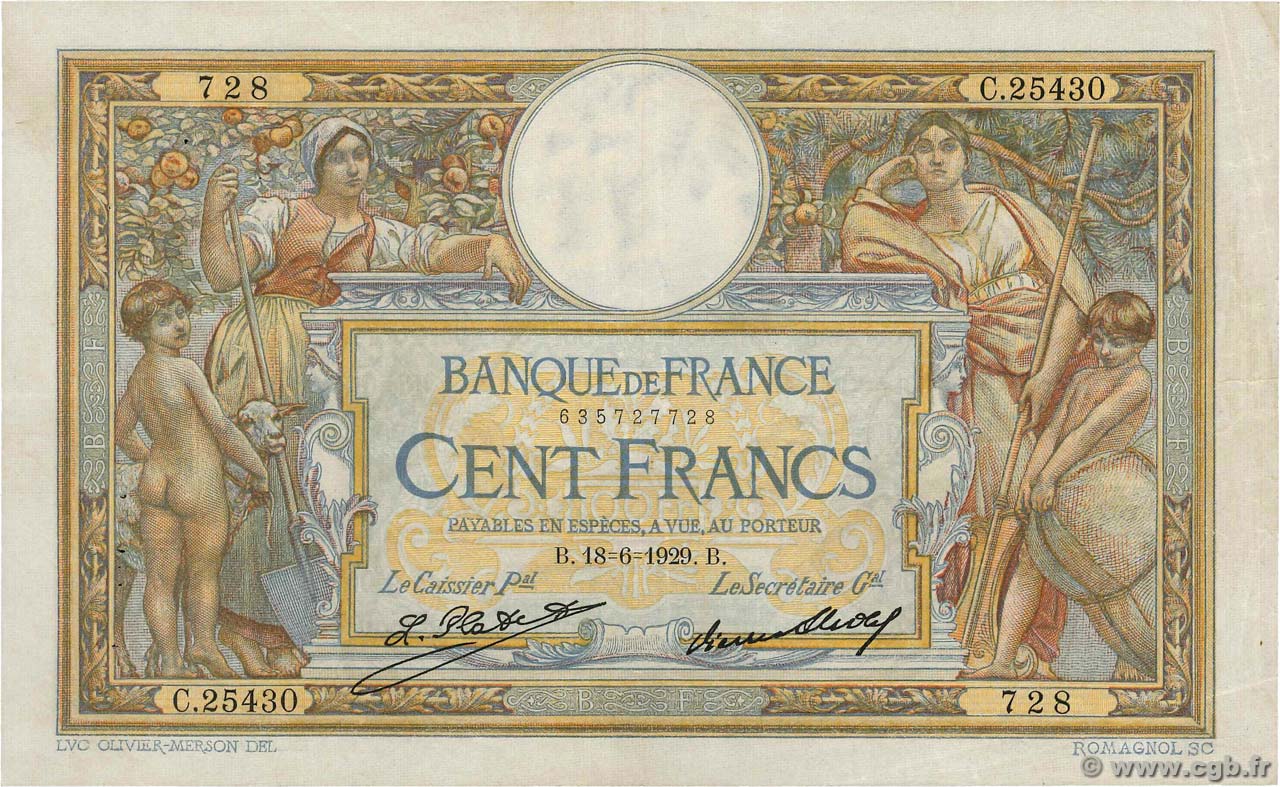 100 Francs LUC OLIVIER MERSON grands cartouches FRANCIA  1929 F.24.08 MBC+