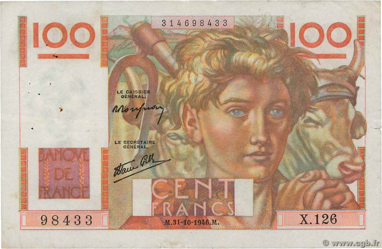 100 Francs JEUNE PAYSAN FRANCIA  1946 F.28.10 MBC