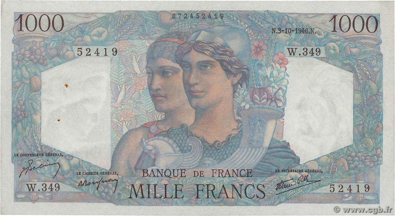 1000 Francs MINERVE ET HERCULE FRANCE  1946 F.41.17 XF-