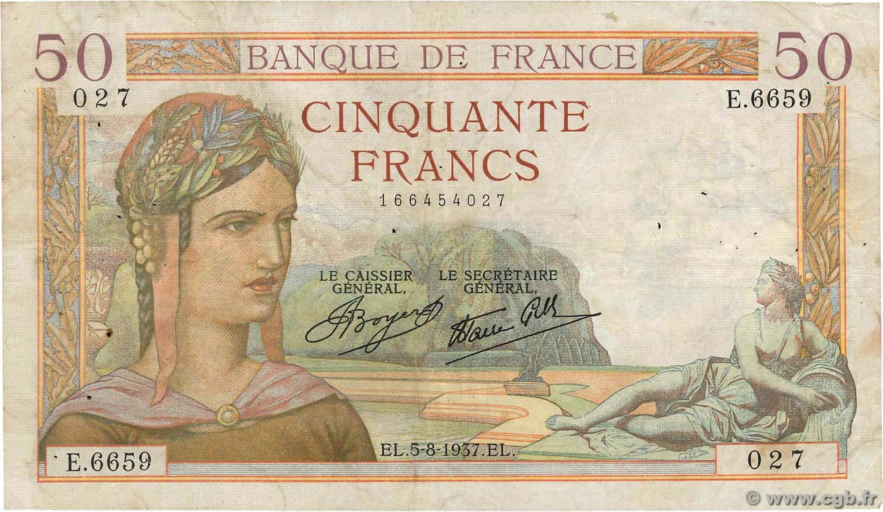 50 Francs CÉRÈS modifié FRANCE  1937 F.18.01 B+