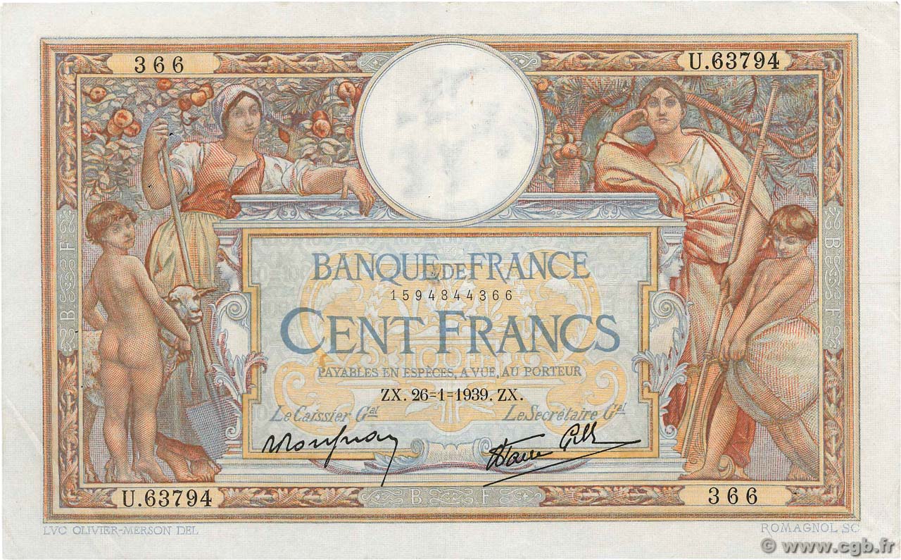 100 Francs LUC OLIVIER MERSON type modifié FRANCE  1939 F.25.40 TTB