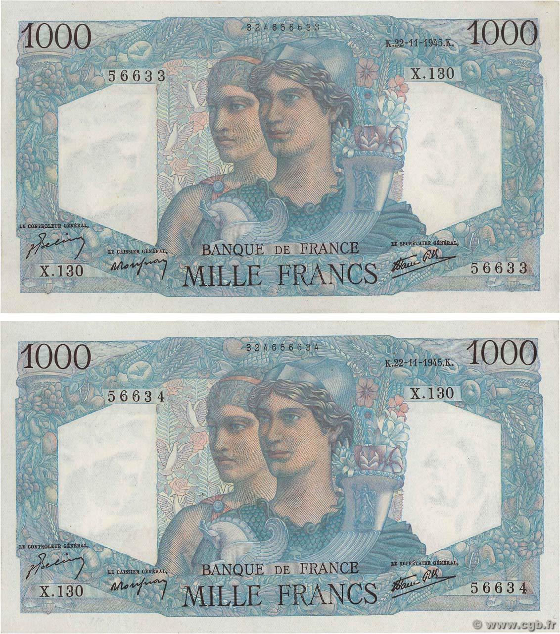 1000 Francs MINERVE ET HERCULE Consécutifs FRANCE  1945 F.41.08 AU