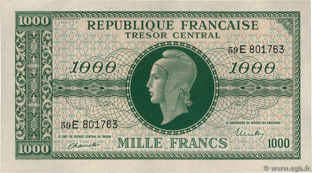 1000 Francs MARIANNE THOMAS DE LA RUE FRANCIA  1945 VF.13.02 SPL