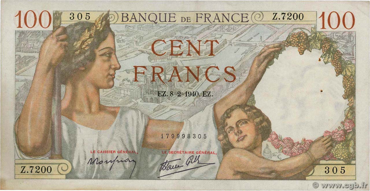 100 Francs SULLY FRANCE  1940 F.26.22 XF