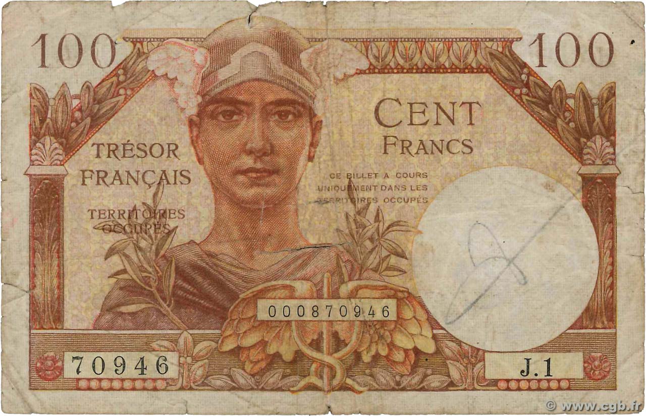 100 Francs TRÉSOR FRANÇAIS FRANCIA  1947 VF.32.01 RC