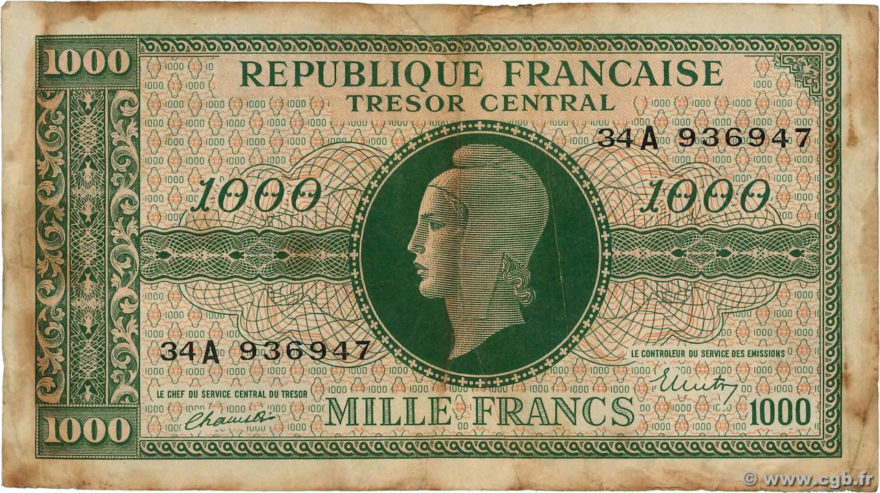1000 Francs MARIANNE BANQUE D ANGLETERRE FRANCIA  1945 VF.12.01 MB