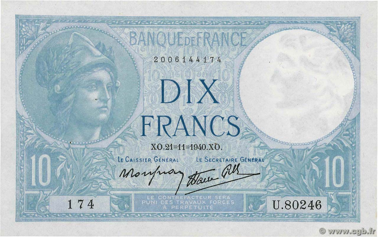 10 Francs MINERVE modifié FRANCE  1940 F.07.21 pr.SPL