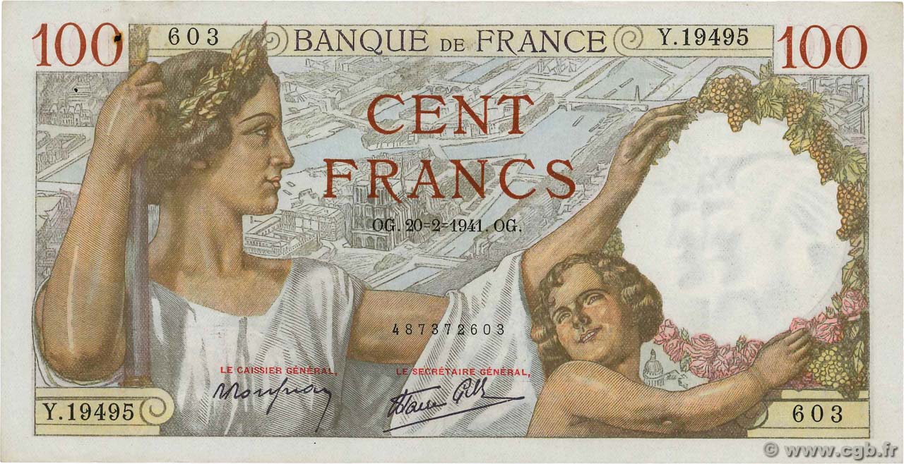 100 Francs SULLY FRANCE  1941 F.26.47 SPL