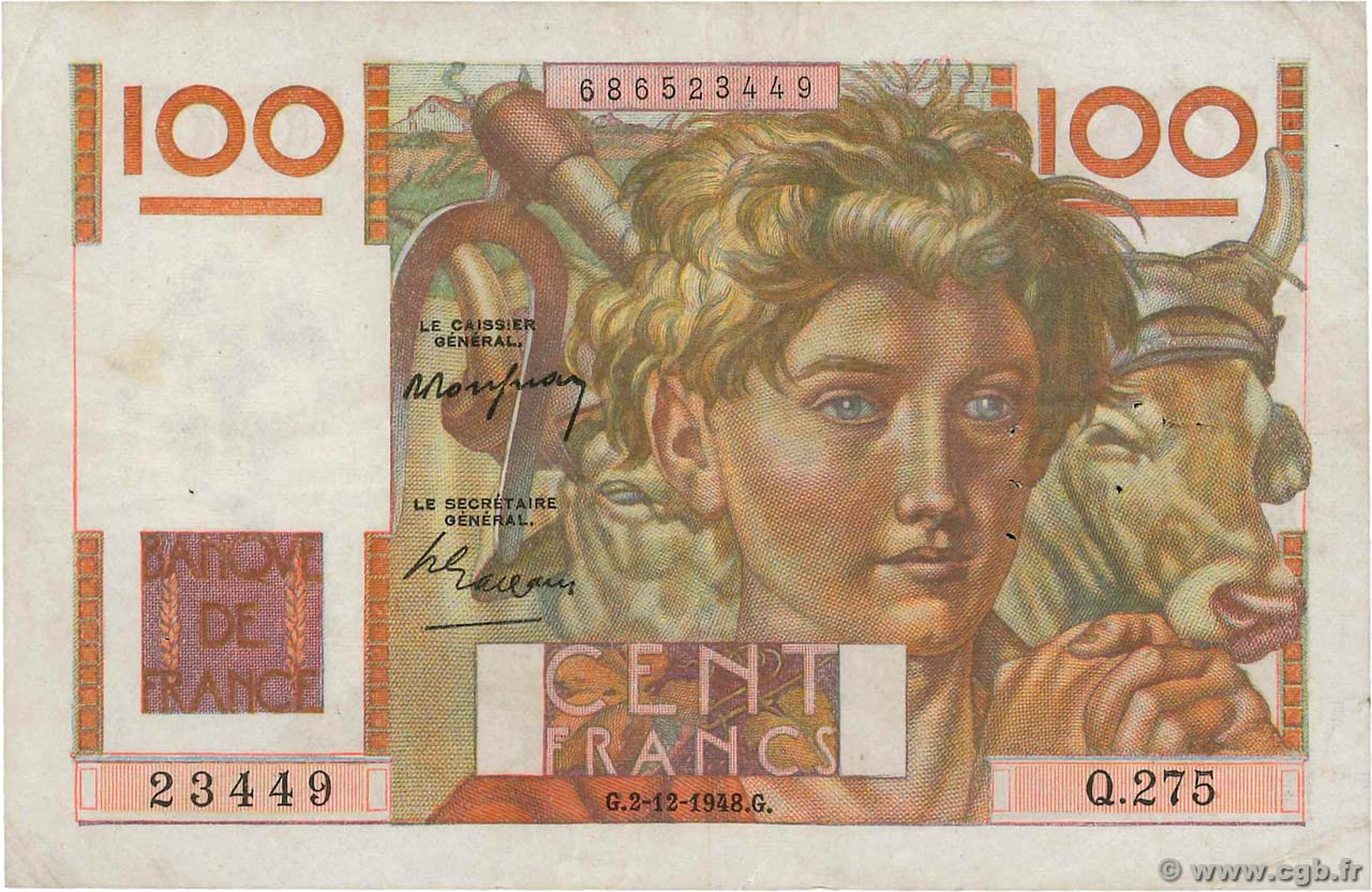 100 Francs JEUNE PAYSAN FRANCE  1948 F.28.20 VF