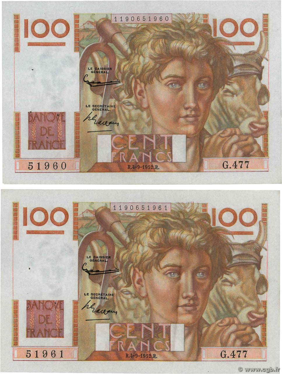 100 Francs JEUNE PAYSAN Consécutifs FRANCE  1952 F.28.33 XF+