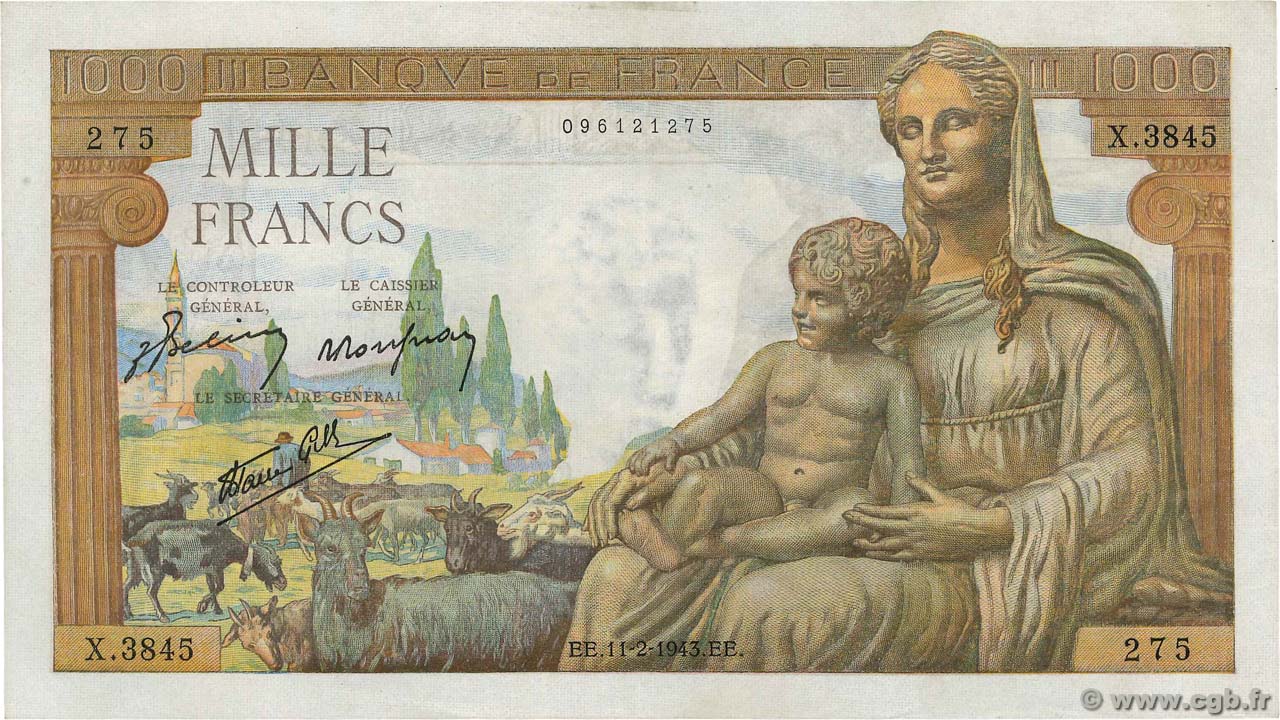 1000 Francs DÉESSE DÉMÉTER FRANKREICH  1943 F.40.18 VZ+