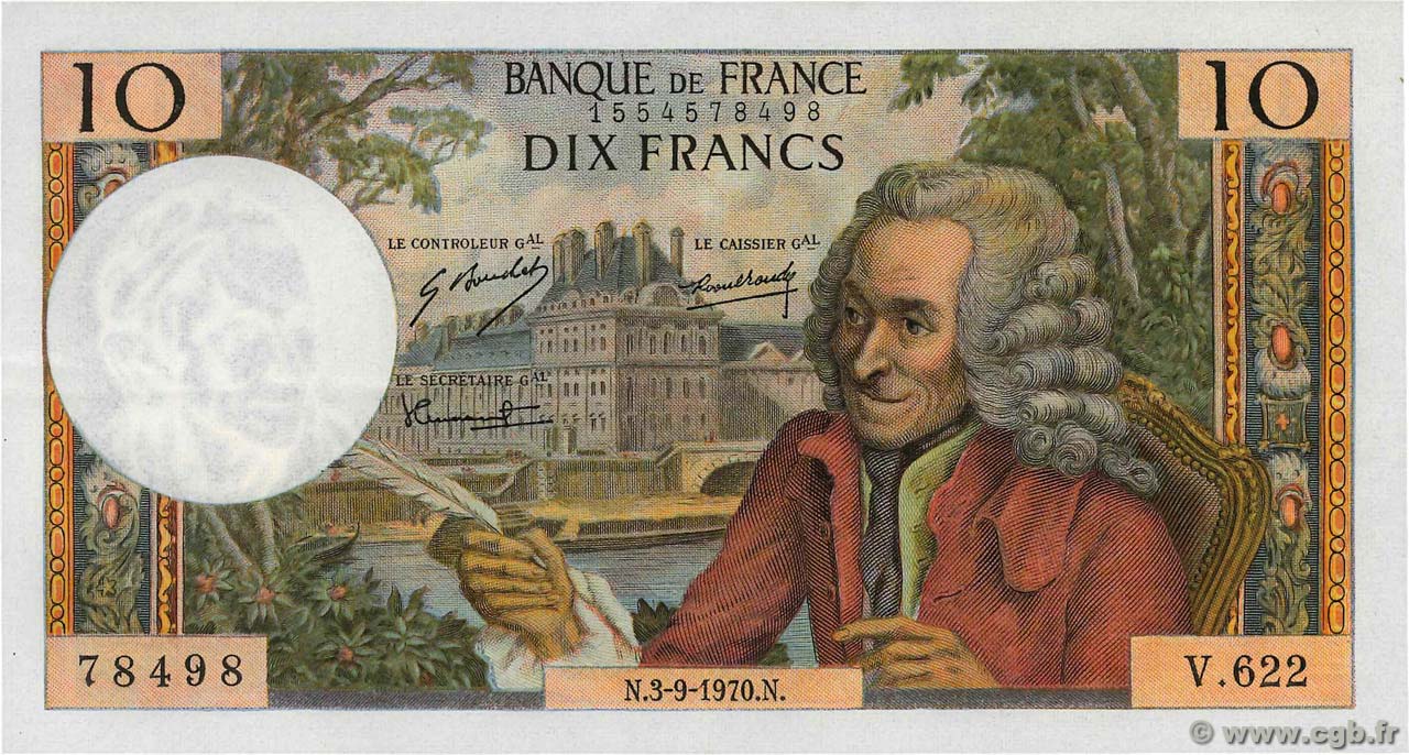 10 Francs VOLTAIRE FRANCE  1970 F.62.46 XF