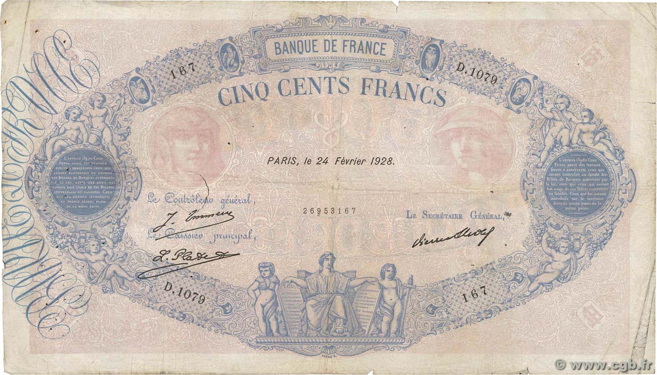500 Francs BLEU ET ROSE FRANKREICH  1928 F.30.31 SGE