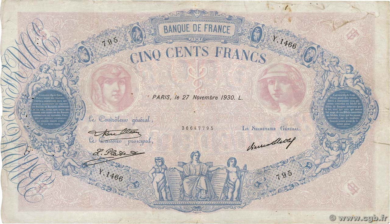 500 Francs BLEU ET ROSE FRANCIA  1930 F.30.33 BC