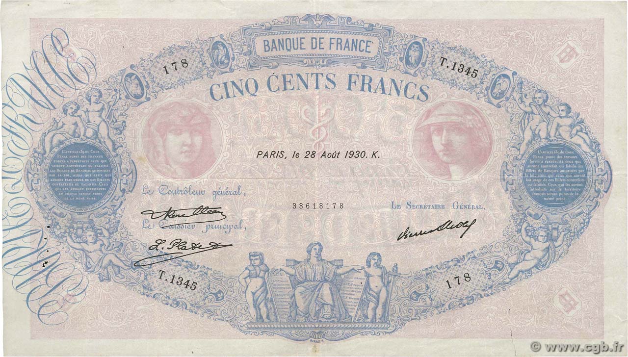 500 Francs BLEU ET ROSE FRANCIA  1930 F.30.33 q.BB
