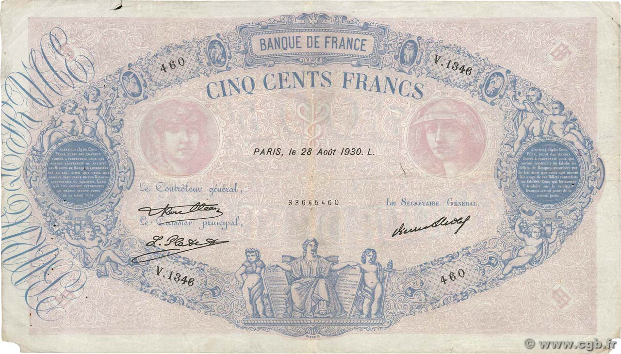 500 Francs BLEU ET ROSE FRANCE  1930 F.30.33 TB