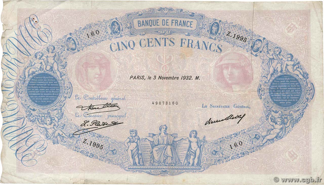 500 Francs BLEU ET ROSE FRANCIA  1932 F.30.35 BC