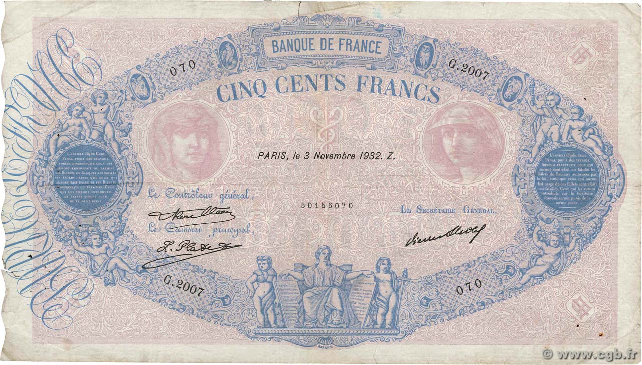500 Francs BLEU ET ROSE FRANCE  1932 F.30.35 TB