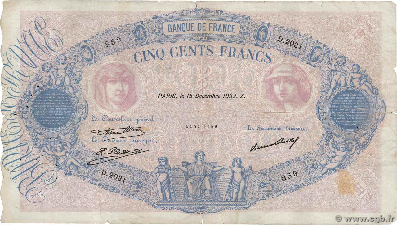 500 Francs BLEU ET ROSE FRANCE  1932 F.30.35 G