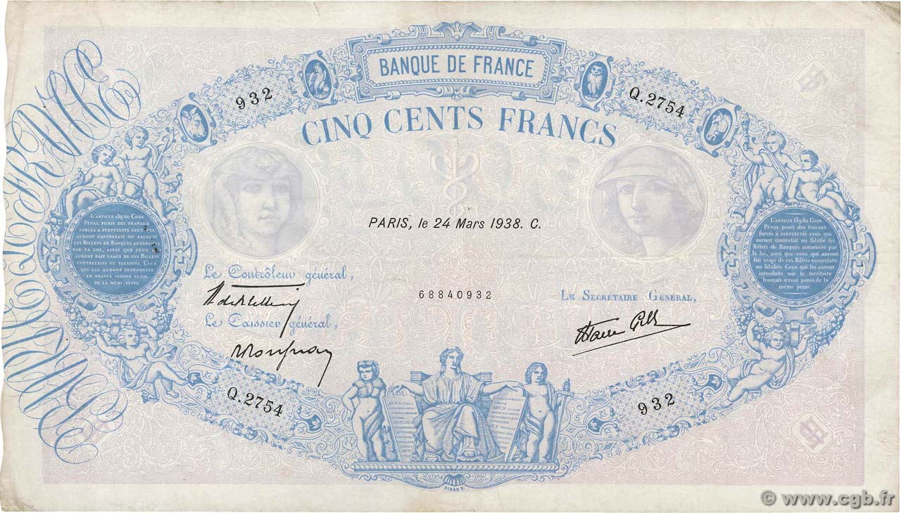 500 Francs BLEU ET ROSE modifié FRANCIA  1938 F.31.06 q.BB