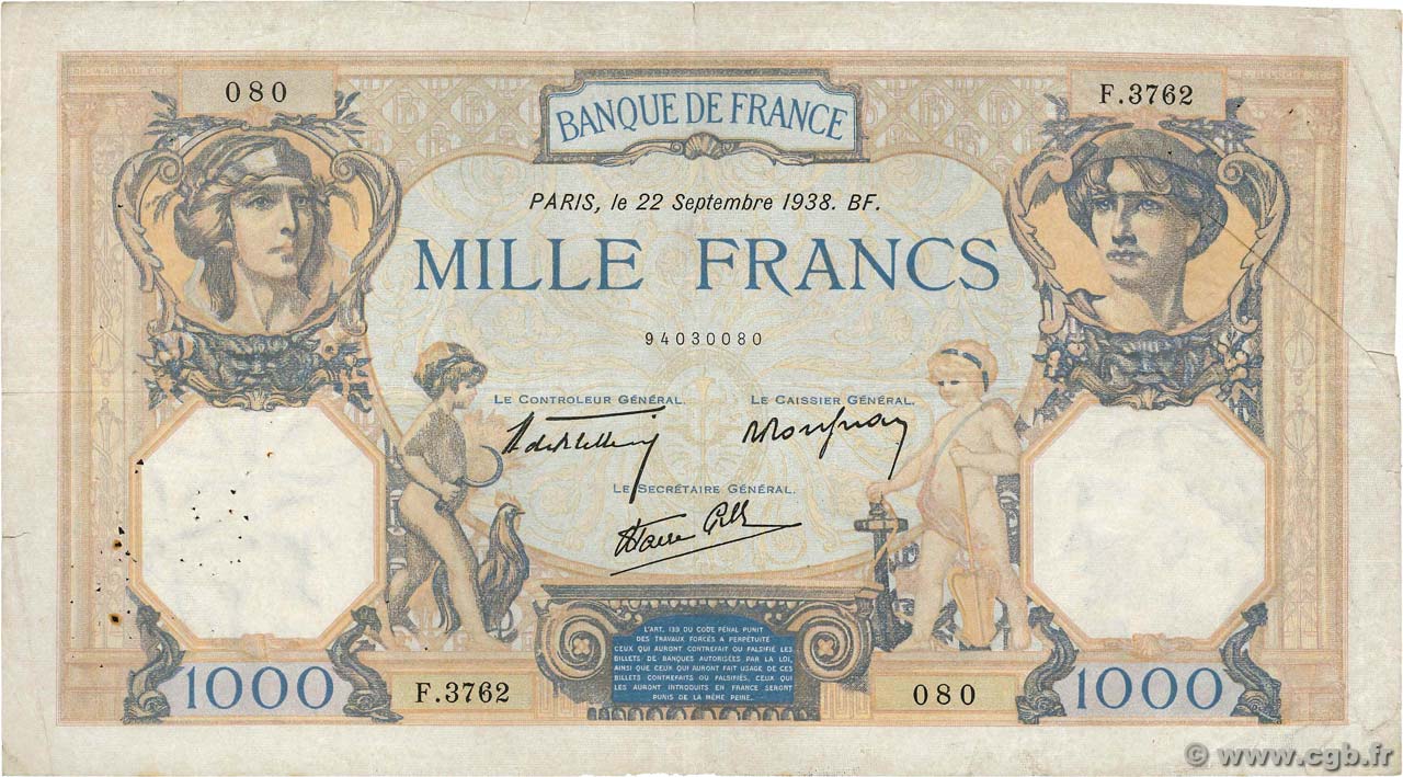 1000 Francs CÉRÈS ET MERCURE type modifié FRANCE  1938 F.38.27 TB+