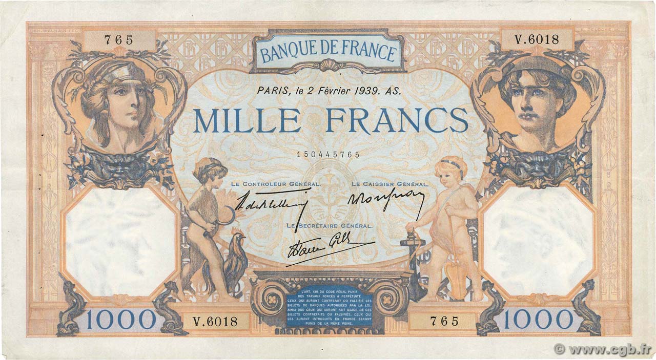 1000 Francs CÉRÈS ET MERCURE type modifié FRANCIA  1939 F.38.34 MBC+
