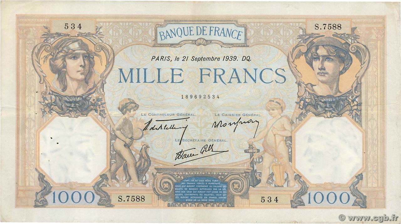 1000 Francs CÉRÈS ET MERCURE type modifié FRANCIA  1939 F.38.37 MBC+
